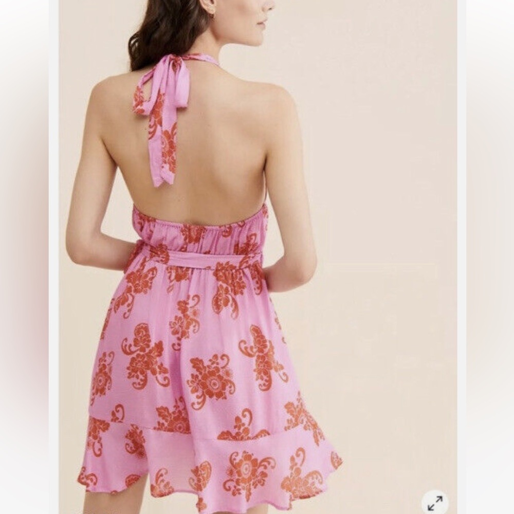 By Anthropologie Pink Floral Halter Tie Neck Wrap Sleeveless Sun Dress Vacation - Picture 3 of 4